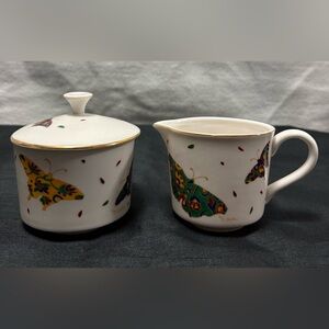 Rare Vintage Skye McGhie Colorful Butterfly Ceramic Creamer and Sugar Set